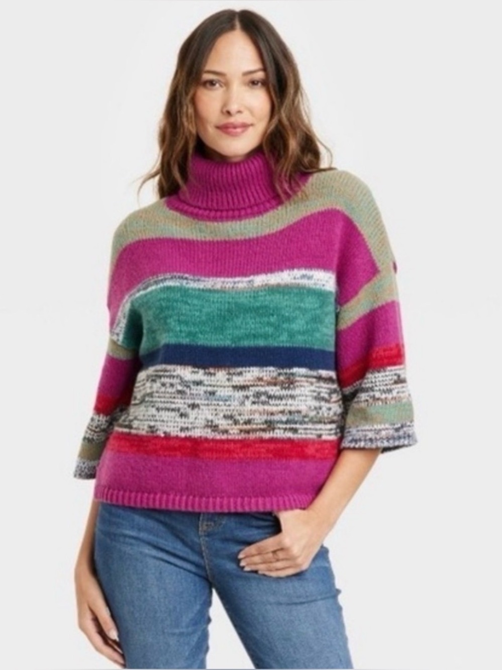 Knox Rose Multicolor Striped Turtleneck Sweater - Pink, Green, Red, Navy